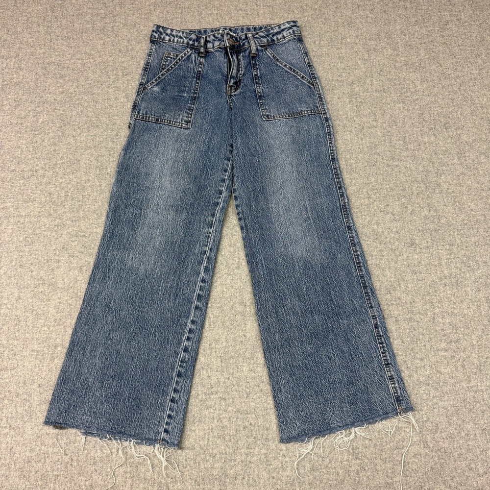 Art Class Wide Leg Jeans Size 14 Blue High Rise Raw Hem Patch Pockets Denim